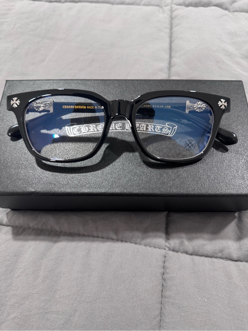 Chrome Hearts Black Square Frames with Silver Cross Accents